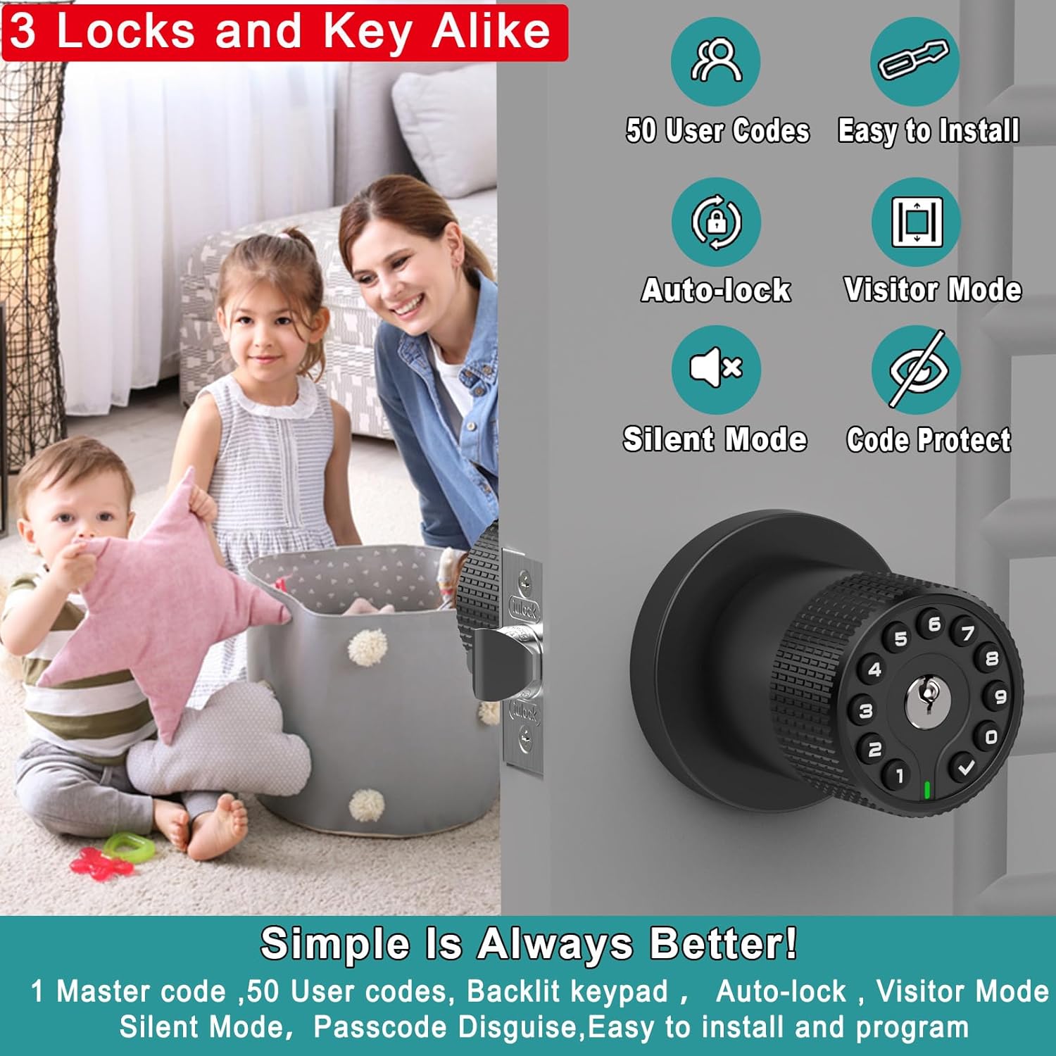 BOTHSTAR 3 Pack Black Key Alike Keyless Electronic Door Knobs with Backlit Keypad, Heavy-Duty Lock, Auto-Lock, Weather Resistant