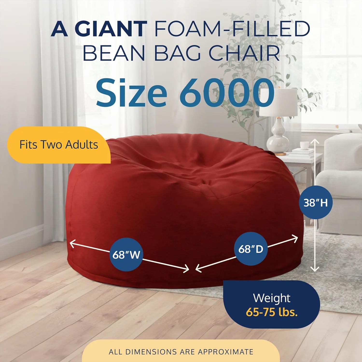 ULTIMATE SACK 6000 6-Foot Bean Bag Chair, Burgundy Suede Cover – Oversized Foam Lounger, Floor Seat, Small Sofa, or Couch Bed for Living Area, Gaming Room, or Reading Lounge
