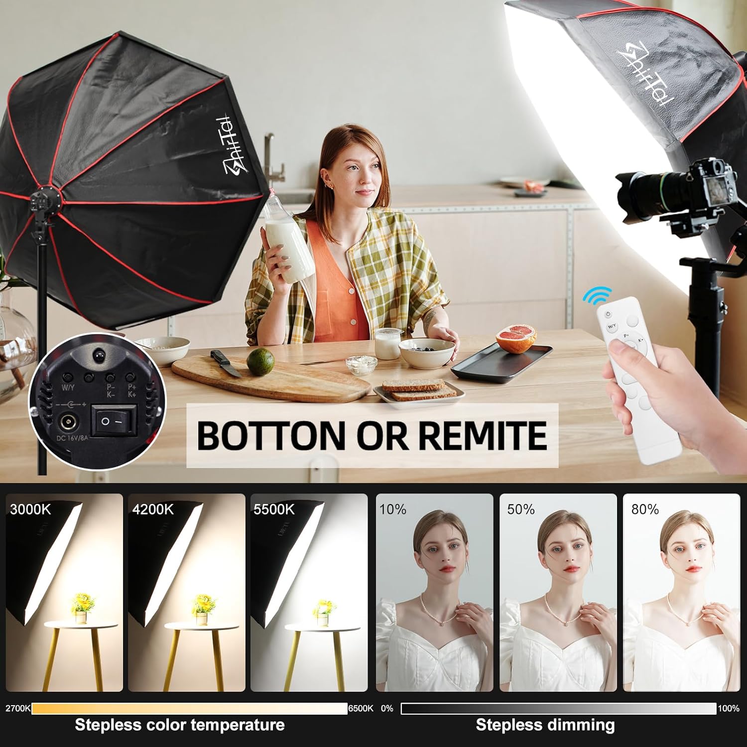 Softbox Photography Lighting Kit,37" Octange Softbox Lighting Kit with Honeycomb Grid 110W 2700K-6500K 11000Lux Dimmable LED Prismatic Lamp and Remote Control, Lighting for Video Recording