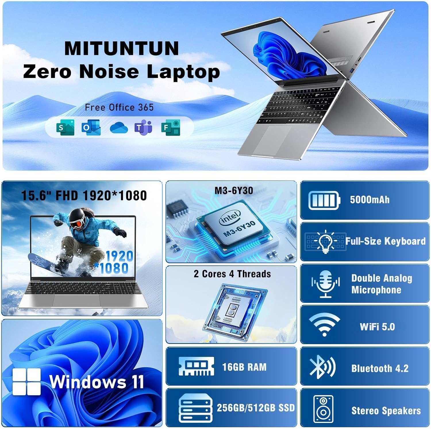 2026 New Laptop Computer, 15.6 Inch Window 11 Pro Lap Top PC 16GB RAM 256GB SSD, Core M3(Beat N4000), 2-Year Warranty, Office 365, FHD 1920 * 1080, 180°Open, UHD Graphics, Full-Size Keyboard
