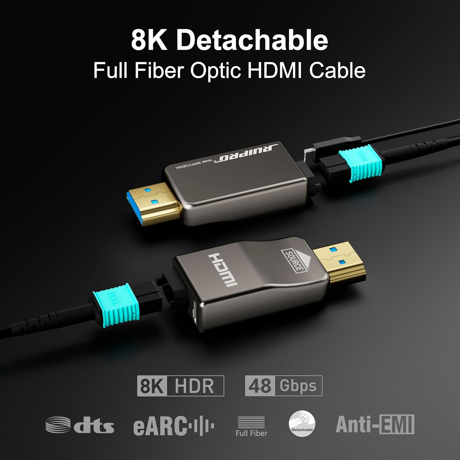 RUIPRO 8K Detachable Full Fiber Optic Armored HDMI 2.1 Cable 100FT, Ultra High Speed 48Gbps, Support 8K@60Hz 4K@120Hz, Dynamic HDR, eARC, Compatible with PS5/Xbox/Blu-ray/TV/Monitor/Projector