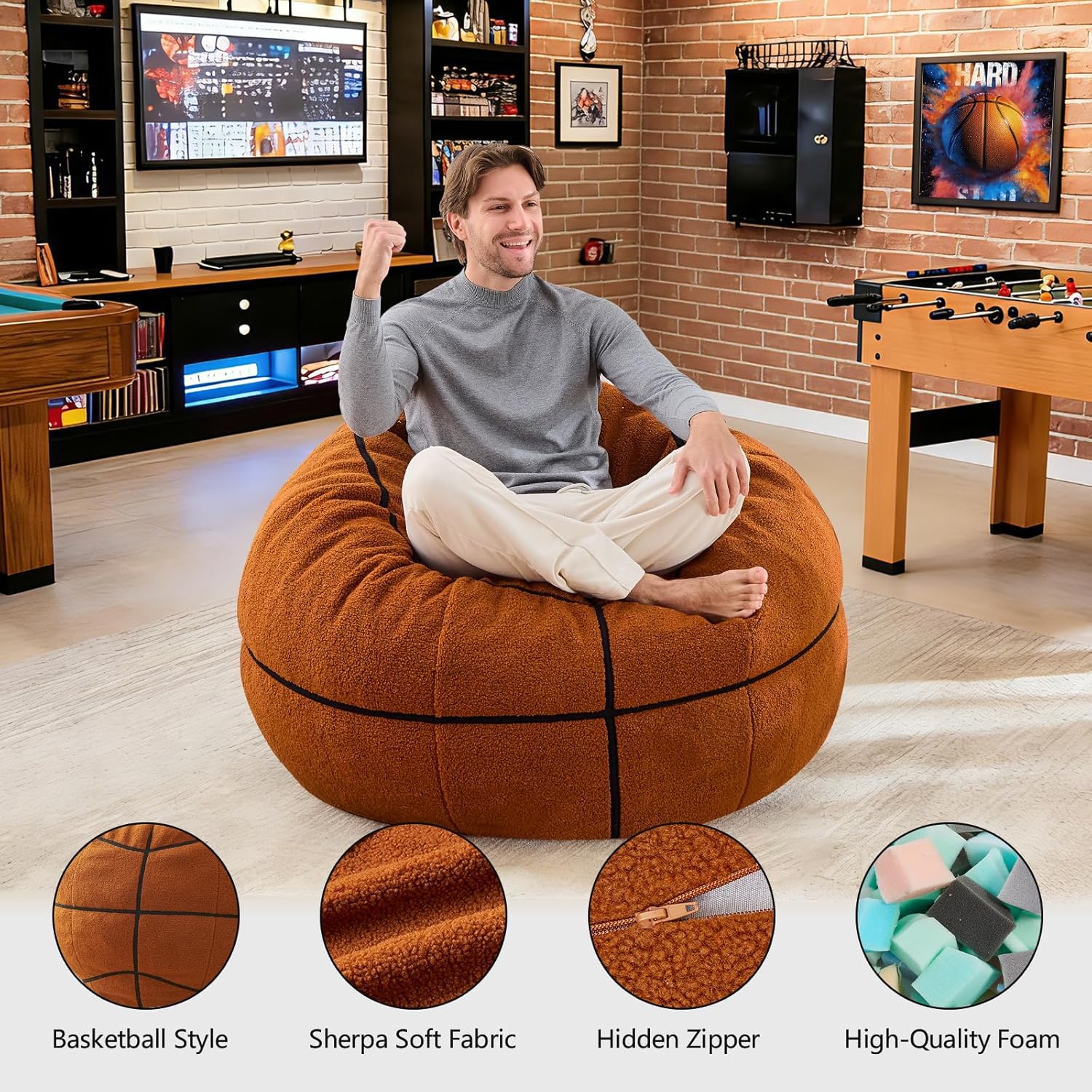 Sports Basketball Bean Bag Chair - Giant Bean Bag Chairs for Adults and Kids - Oversized Bean Bag Sofa Couch with Filler - Plush BeanBag Furniture for Living Room Bedroom Dorm Office - 44 Inch