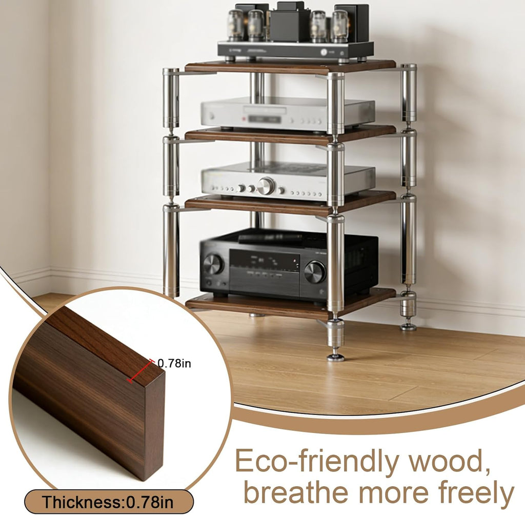 Heavy Duty AV Media Stand, AV Component Stand with Stainless Steel Bracket, Stereo Component Rack, Suitable for Living Rooms, Offices and Recording Studios (Black Walnut, 3-Tiers)
