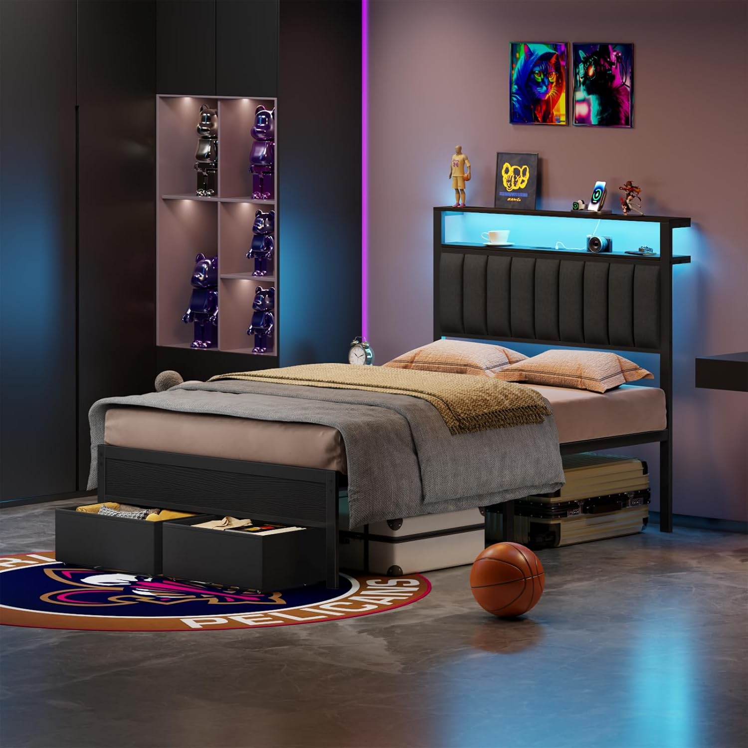 Furnulem Full Size Bed Frame with Charging Station and LED Lights, Grey Upholstered Headboard with Shelves, Metal Platform Bed with 2 Under-Bed Storage (Fabric Drawer on Wheels), No Box Spring Needed
