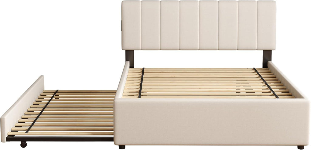 Full Size Upholstered Platform Bed with Trundle and 1 Sets of USB, Chenille Fabric Solid Wood Bedframe w/Wood Slats & LED Lights with APP for Bedroom,Beige