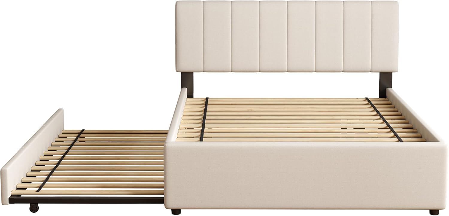 Full Size Upholstered Platform Bed with Trundle and 1 Sets of USB, Chenille Fabric Solid Wood Bedframe w/Wood Slats & LED Lights with APP for Bedroom,Beige