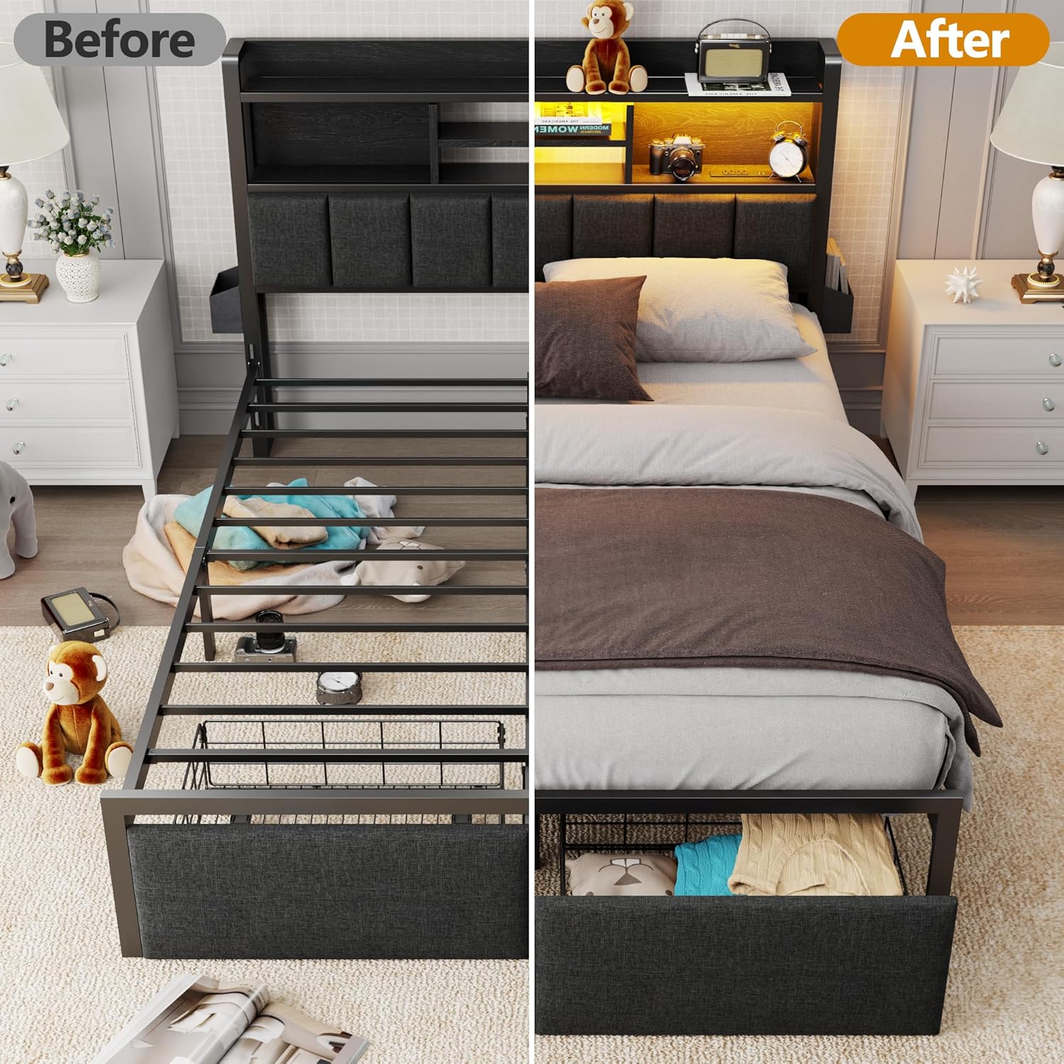 Furnulem Queen Bed Frame with Storage Drawers, Upholstered Headboard with LED Light & Charging Station, Metal Platform Bed Frame Queen Size, Noise Free, No Box Spring Needed, Black (1200 lbs Capacity)
