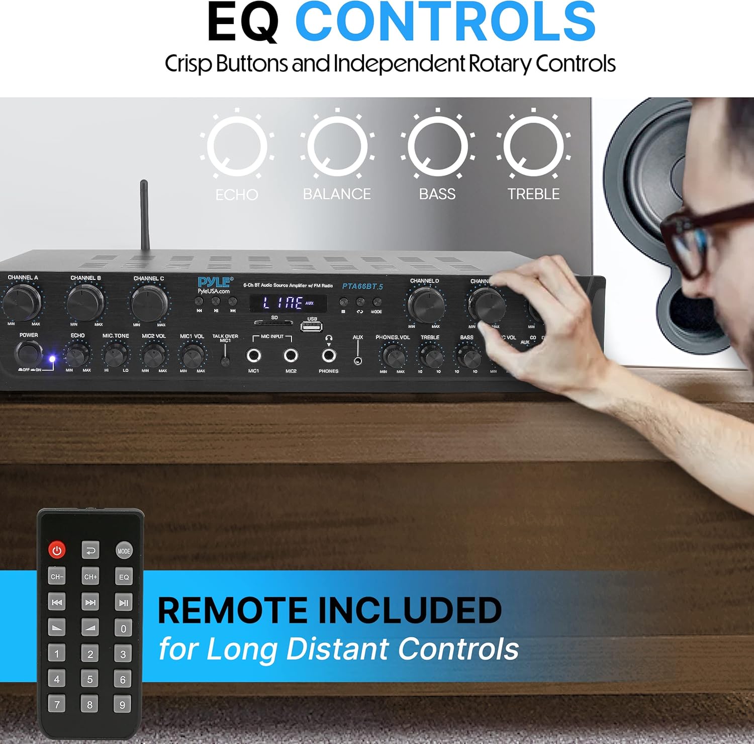 Pyle Home Audio Amplifier with Bluetooth - 6 Channel 600 Watt Peak Power, Karaoke with Echo, 2 Mic Input with Talkover, Headphone In, USB A MP3 Player with SD Reader - Home, Commercial, Worship
