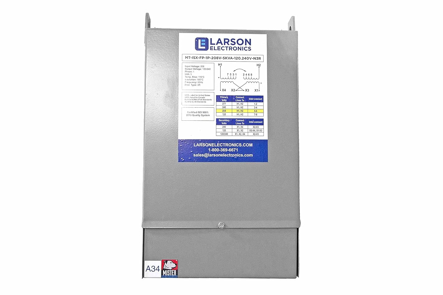 1 kVA Isolation Transformer - 480V Primary - 208V Secondary - NEMA 3R - Fully Potted - 1 Phase