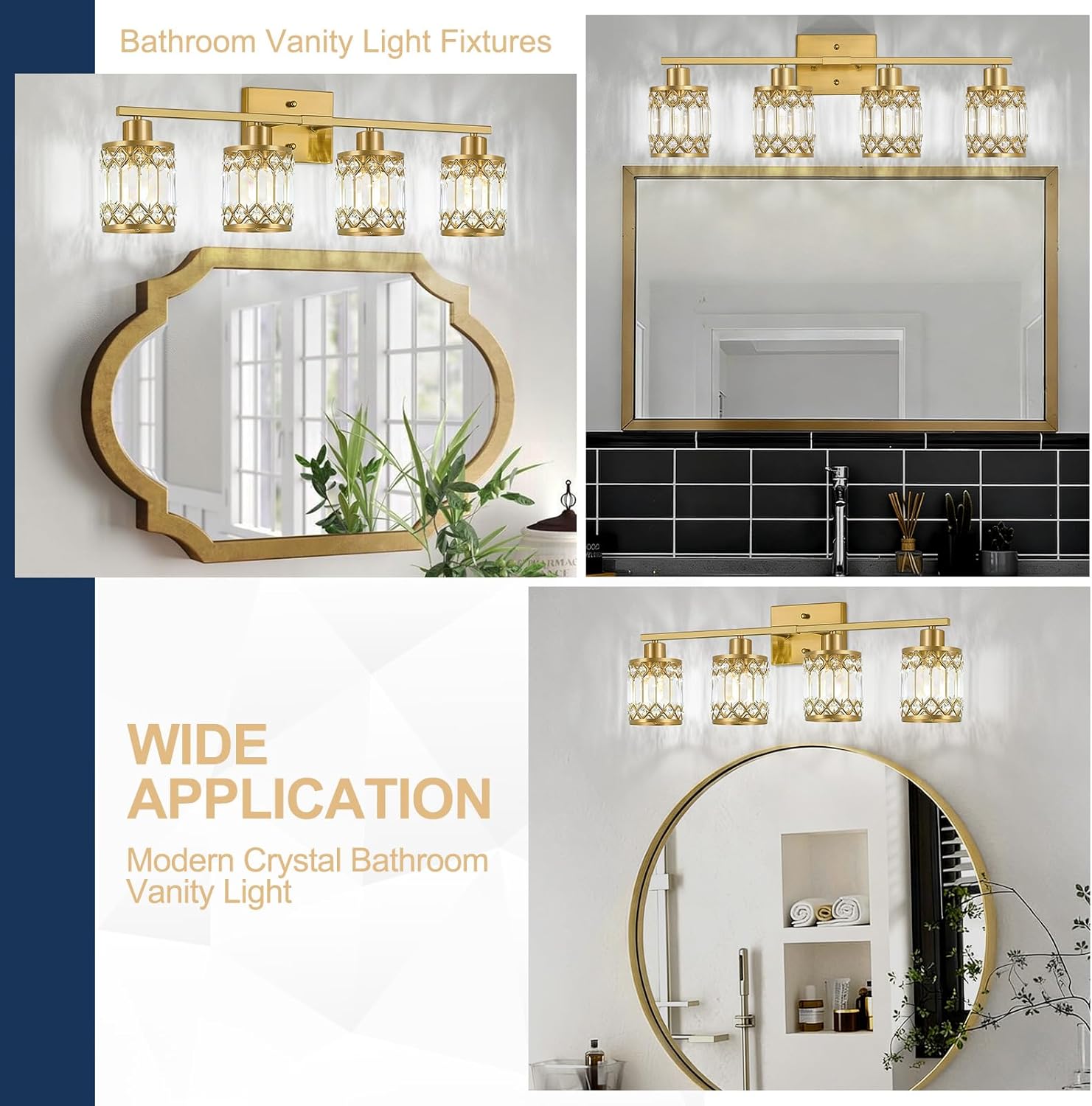 Crystal Modern Bathroom Light Fixtures, 4-Light Brushed Gold Bathroom Vanity Wall Light, Vanity Lights for Mirror, Restroom, Bedroom (E26 Socket, Bulbs Not Included)