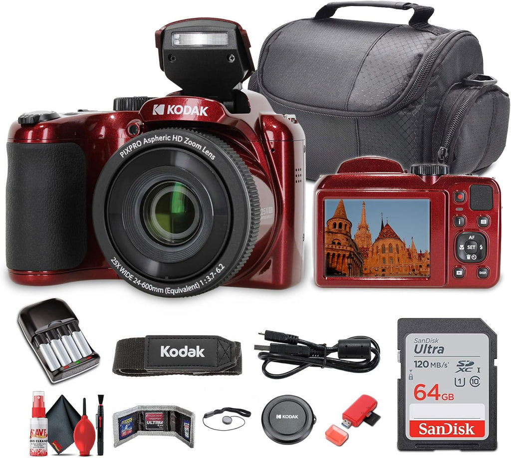 Kodak Pixpro AZ255 Digital Camera (AZ255RD) Bundle Including: 64 GB Memory Card, Rechargeable Batteries, Case, Neck Strap, Lens Caps, Full Cleaning Kit, Card Reader, Card Wallet, USB Cable, Cap Keeper