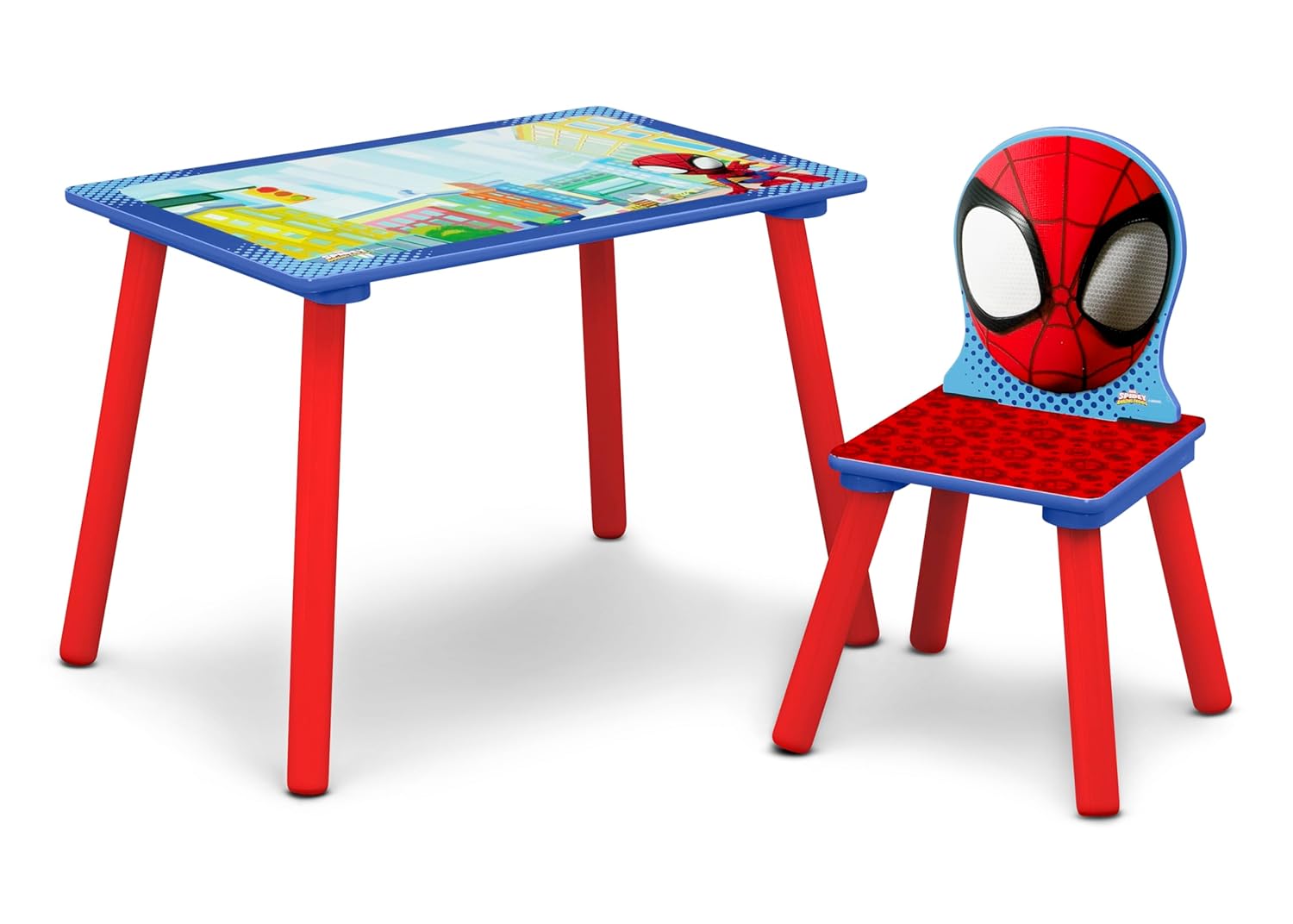 Delta Children - Marvel Spidey and His Amazing Friends 4-Piece Toddler Room-in-a-Box Set – Includes Sleep and Play Toddler Bed, Table, 1 Chair and Fabric Toy Box, Blue/Red