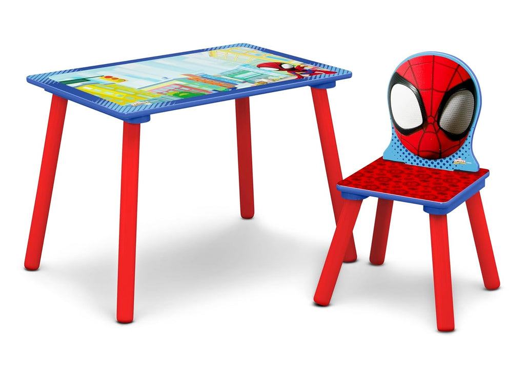 Delta Children - Marvel Spidey and His Amazing Friends 4-Piece Toddler Room-in-a-Box Set – Includes Sleep and Play Toddler Bed, Table, 1 Chair and Fabric Toy Box, Blue/Red