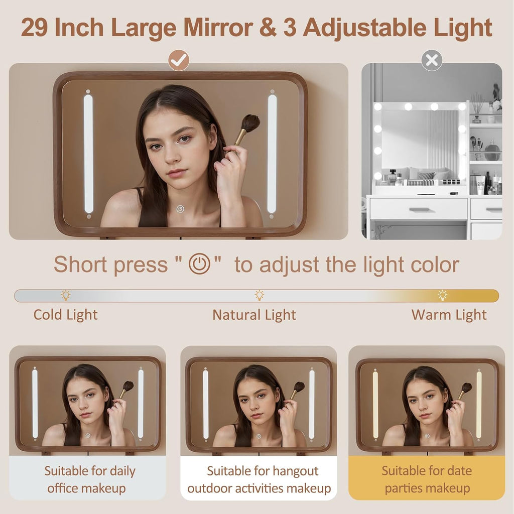 Solid Wood Vanity with Mirror and Lights, Adjustable Brightness, Wood Makeup Vanity with 3 Drawers, Semi-Assembled, Vanity Desk for Bedroom (Walnut)