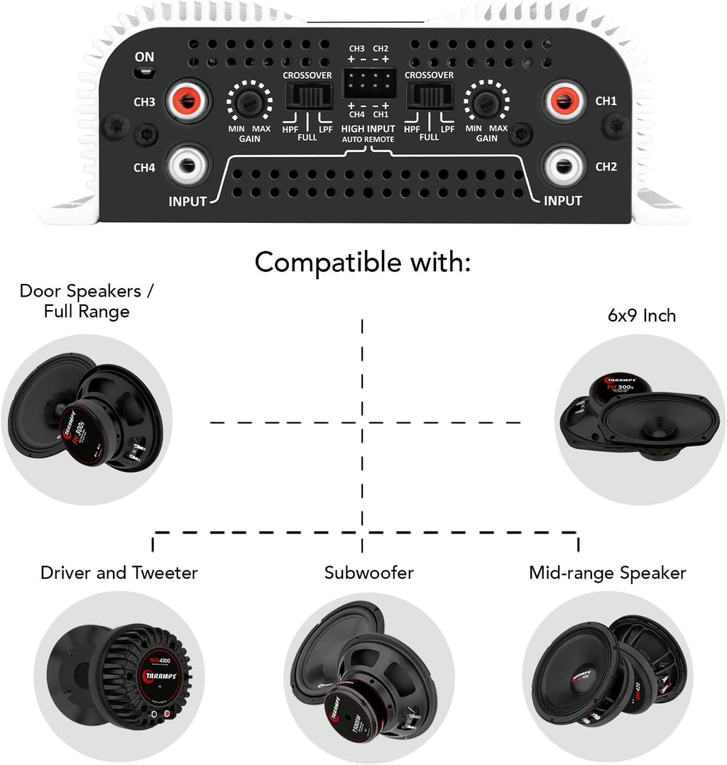 Taramps TS 1200x4 Amplifier Car Audio 1200W RMS 2 Ohms 4 Channels 2 Bridged Channels, Full Range Crossover Fixed RCA/Wire Input - Multichannel Class D