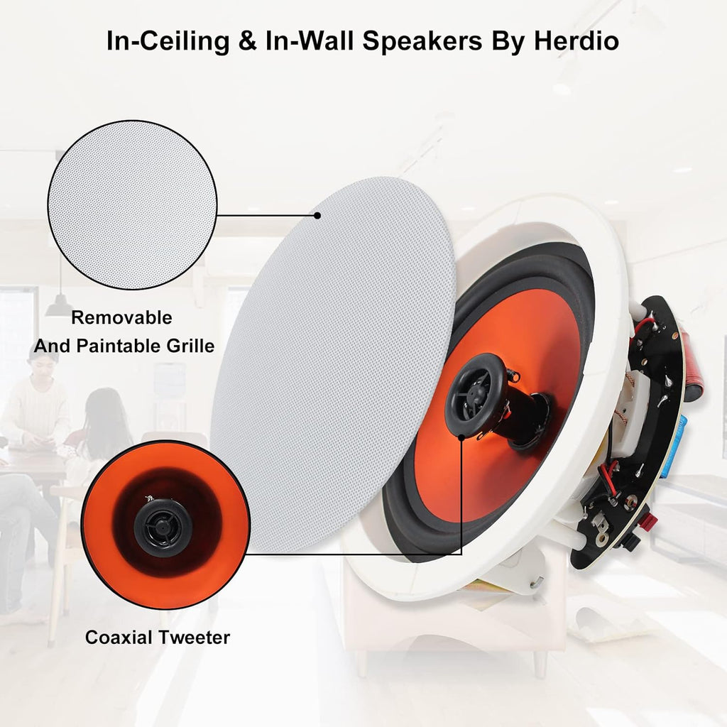 Herdio 6.5'' Bluetooth in Wall in Ceiling Speakers 600W 2-Way Flush Mount Speakers System with Wall Amplifier Receiver for Home Theater Office (2Pairs, Paintable-Grille)