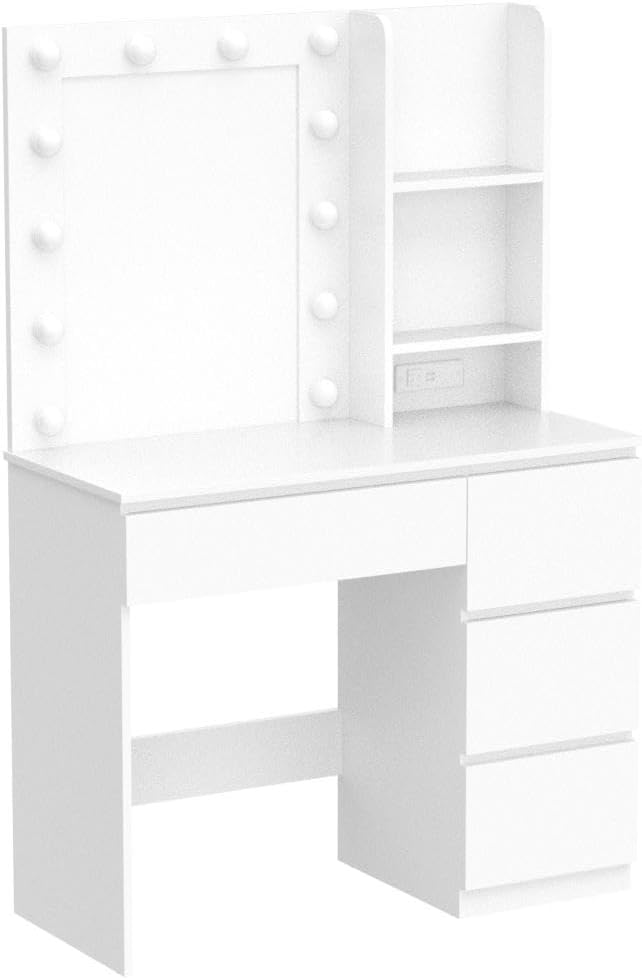 Vabches Makeup Vanity with Lights, 37inch Vanity Desk with Power Strip, 4 Drawers Makeup Table with Lighted Mirror, 3 Lighting Colors, White