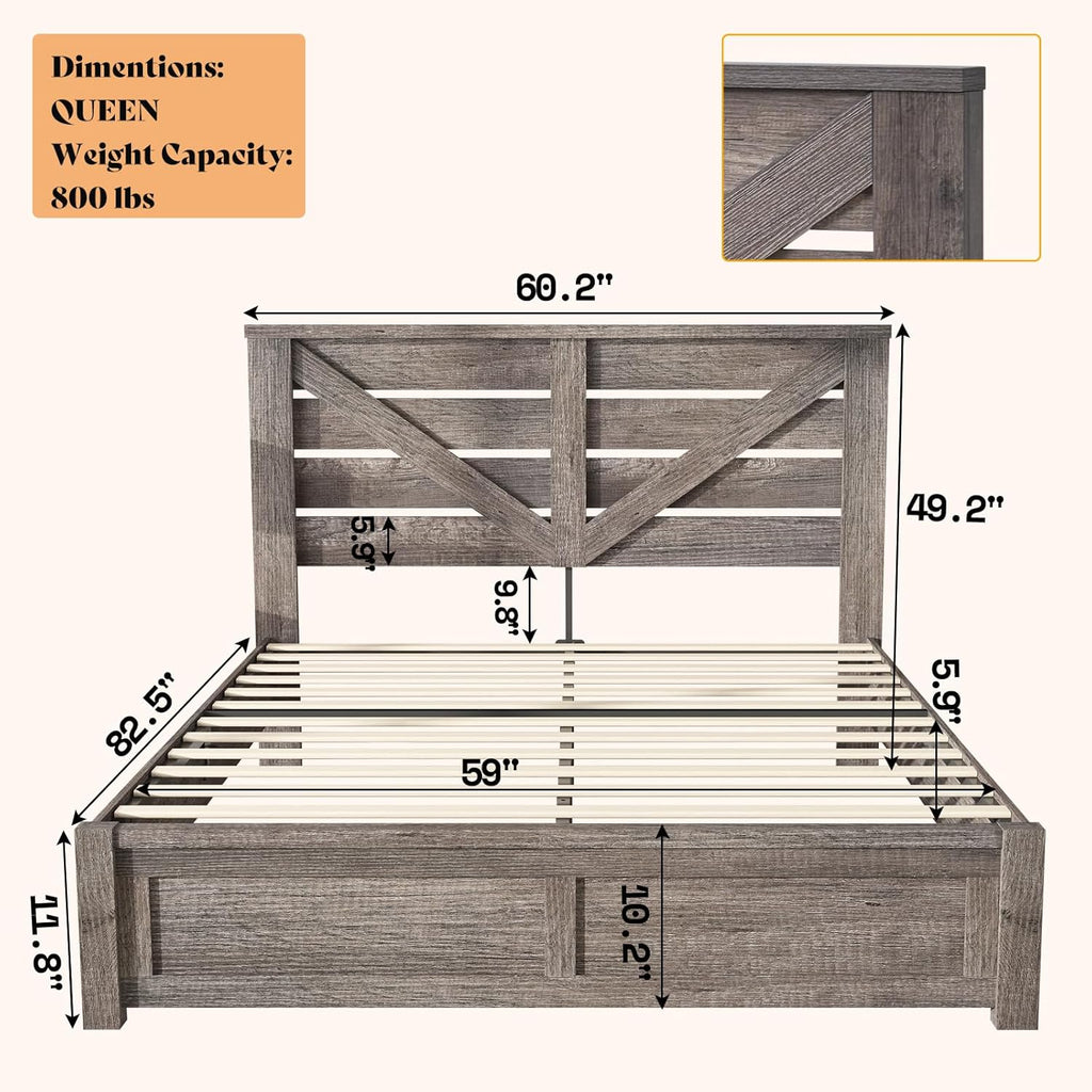 AMERLIFE Queen Size Bed Frame with 49.2" Barn Door Headboard and Footboard, Farmhouse Platform Bed Frame with Wood Slats, No Box Spring Needed, Under Bed Storage, Rustic Gray