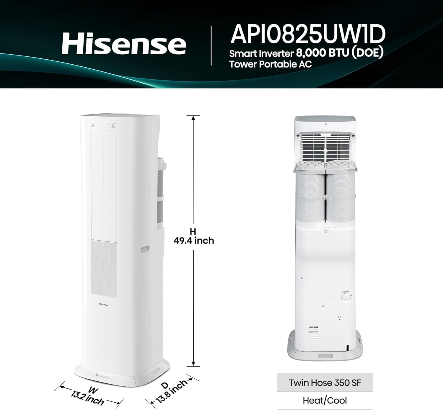 Hisense API0825UW1D Smart Inverter Twin Hose 8,000 BTU (DOE) 350 SF Heat/Cool Tower Portable Air Conditioner, White, Compatible with Alexa and Google Home Voice (Renewed)