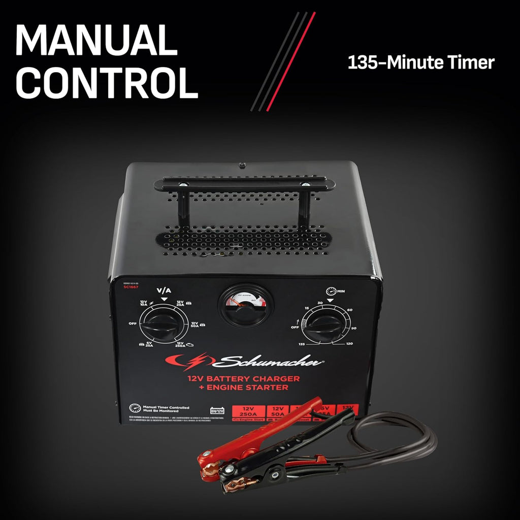 Schumacher Electric 6V/12V Time Controlled Battery Charger & Engine Starter - Precision Controlled Charger with 135-minute Timer & Overload Protection - 250 Cranking Amps & 3 Boost Modes - SC1667