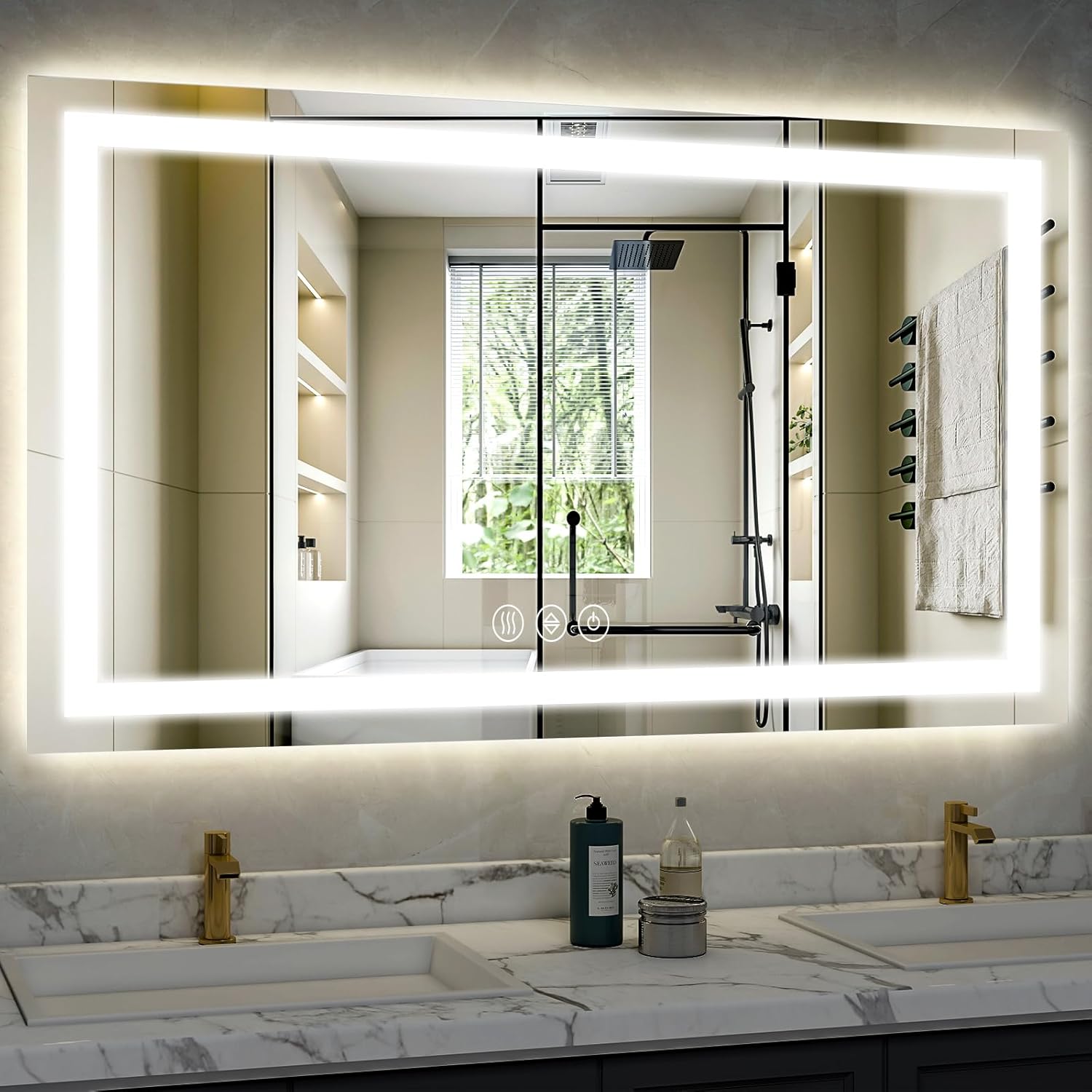 XRAMFY 40"x 60"LED Bathroom Mirror, Backlit + Front Lit, LED Bathroom Mirror with Lights for Wall, 3 Colors, Anti-Fog, Dimmable Brightness, Tempered Glass