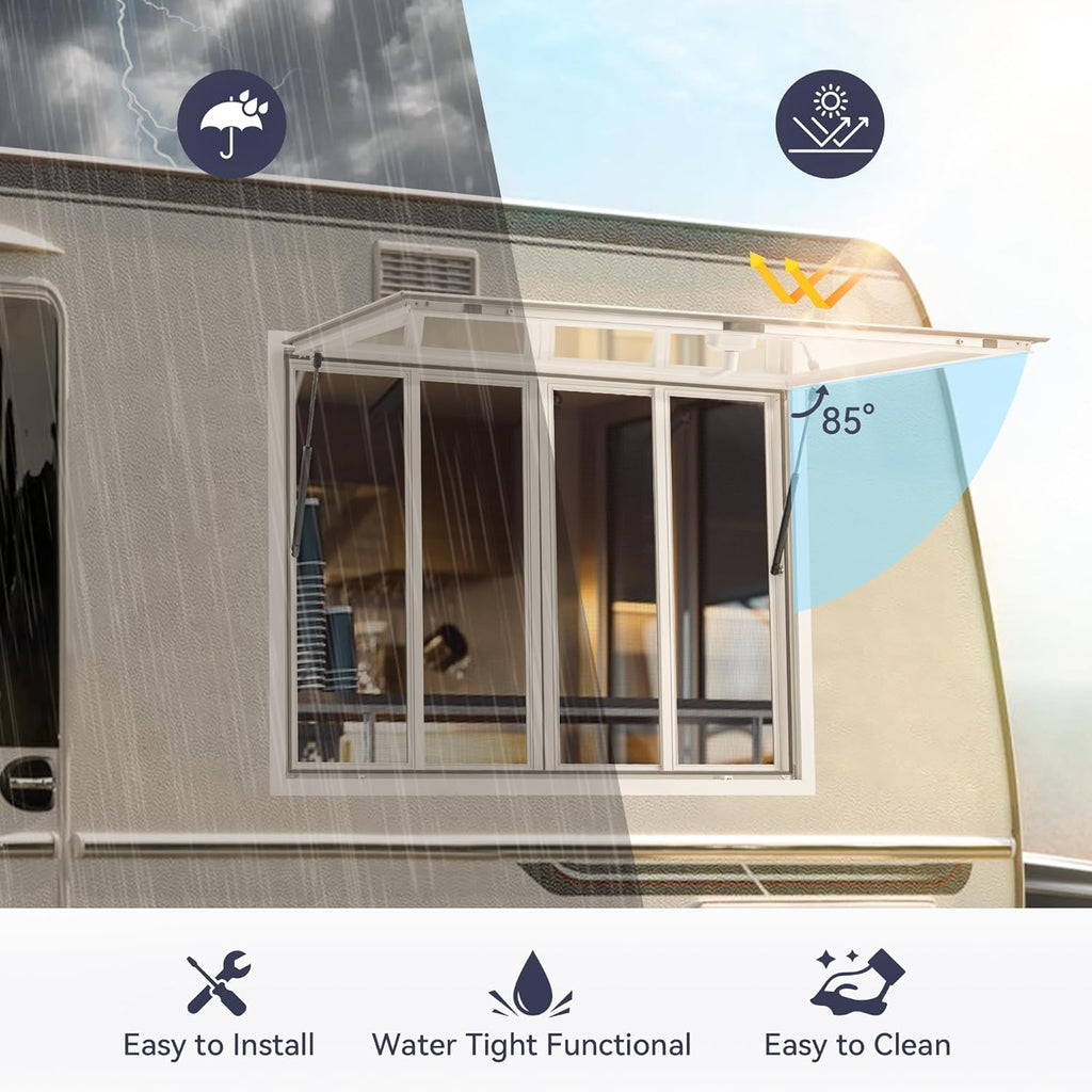60" x 36" Concession Window for Food Truck, Aluminum Trailer Window with 4 Sliding 304 Stainless Steel Screens, Weatherproof, Lockable 85° Awning Door, w/Hook, No Glass