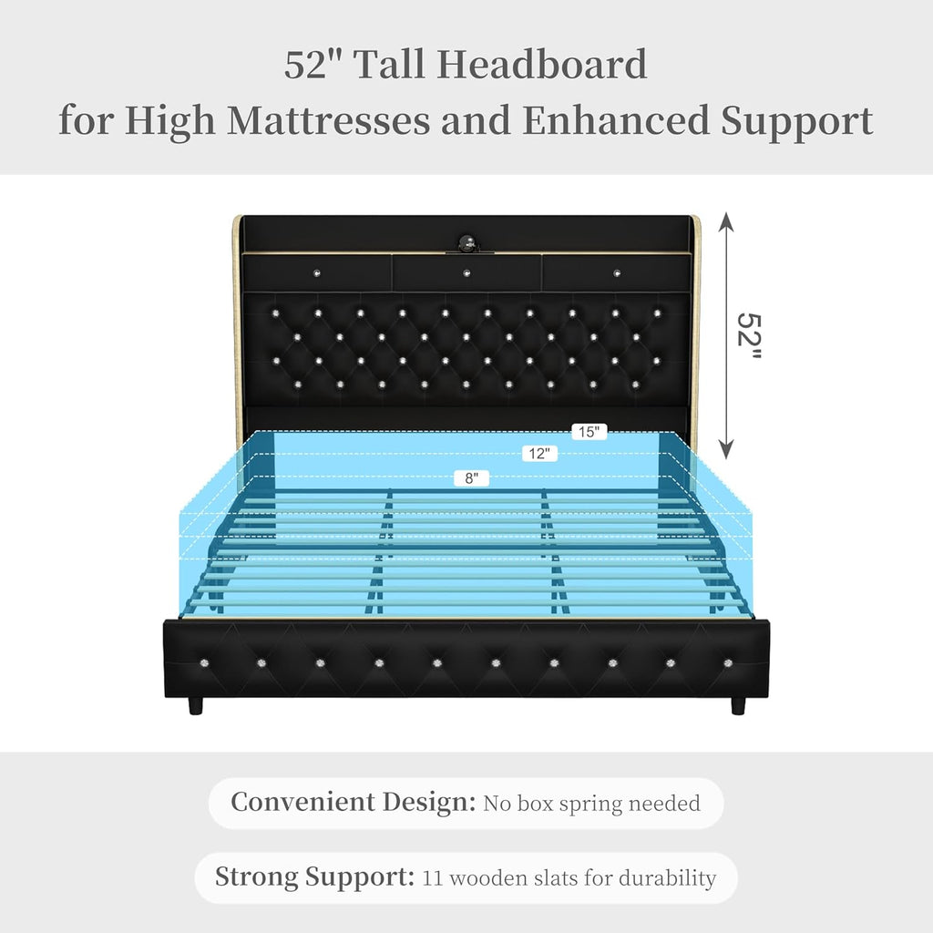 SIBEDS Queen Led Bed Frame with Galaxy Aurora Star Projector, Platform Beds with Charging Station, 52" Diamond Upholstered Wingback Bedframe with 2 Storage Drawers, No Box Spring Needed, PU Black