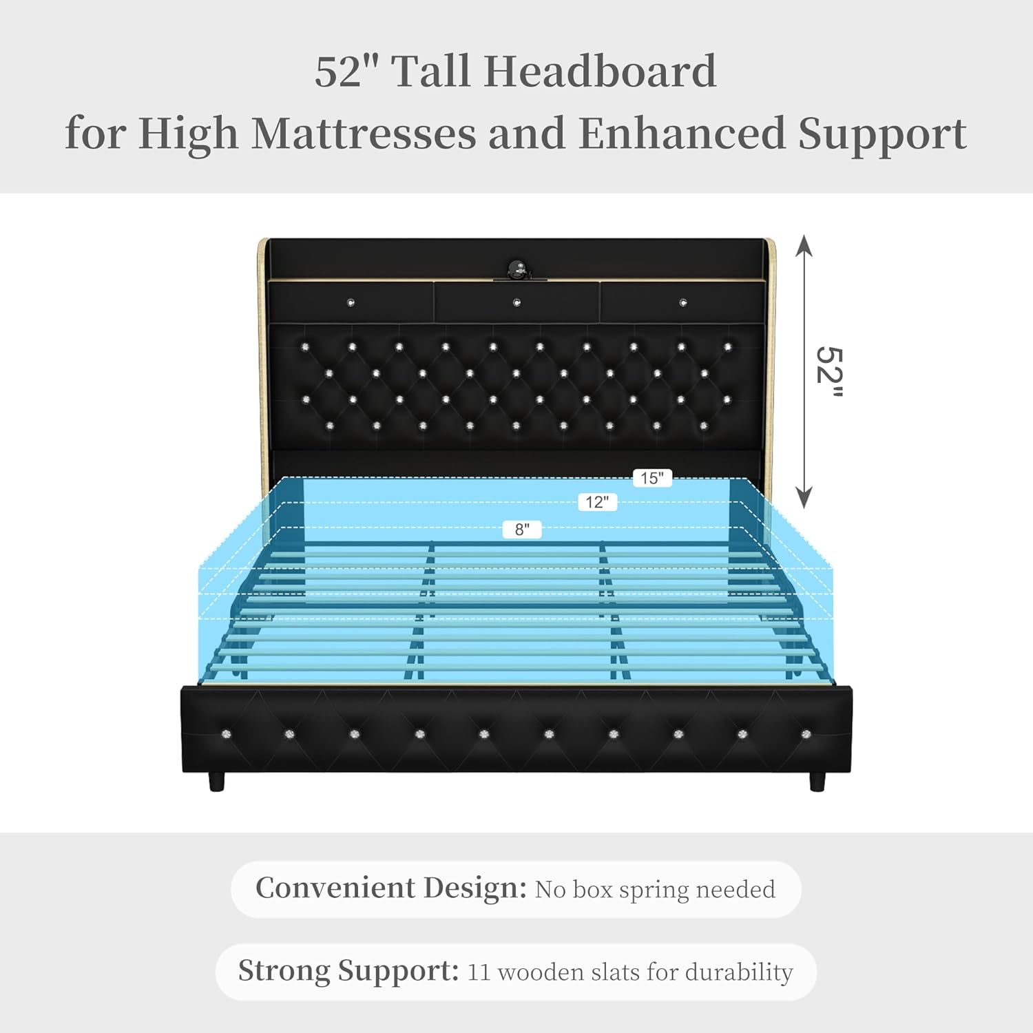 SIBEDS Queen Led Bed Frame with Galaxy Aurora Star Projector, Platform Beds with Charging Station, 52" Diamond Upholstered Wingback Bedframe with 2 Storage Drawers, No Box Spring Needed, PU Black