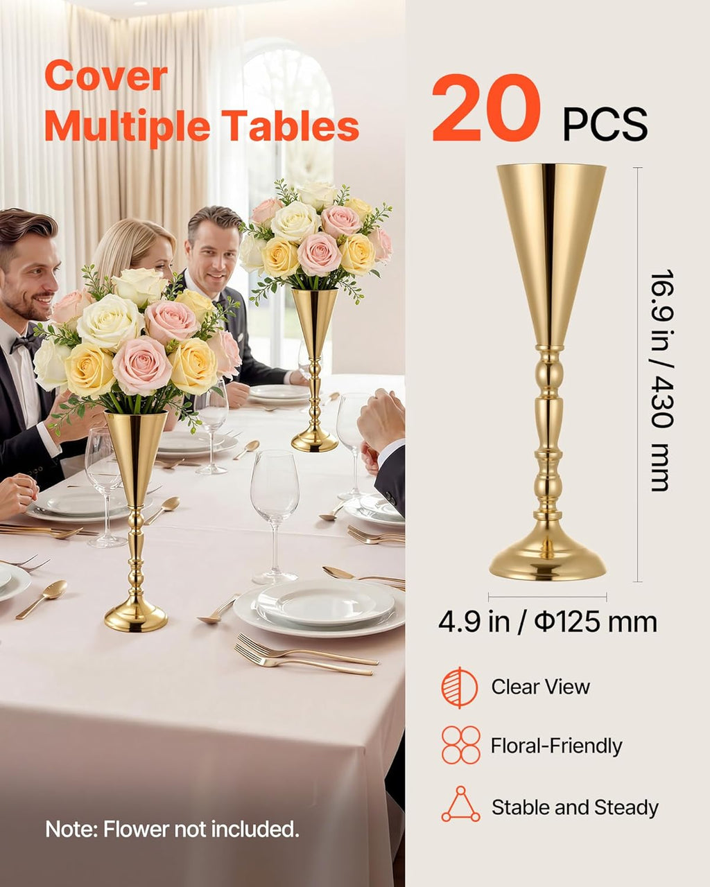 VEVOR 20 PCS Wedding Flower Vase, 16.9 in Tall Trumpet Flower Table Centerpieces, Banquet Vases Easy Installation, Electroplated Versatile Arrangement Stand for Party Events Home Decor Reception, Gold
