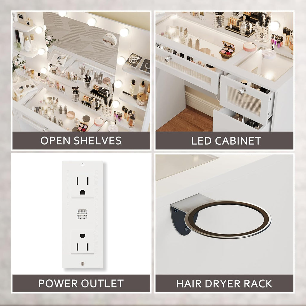White Vanity with Lighted 23.5” Mirror, Glass Top Vanity Desk with 9 Drawers & 3 Color Hollywood Bulbs & 4 Shelves & Acrylic & Power Outlet, Makeup Desk Dressing Table for Bedroom