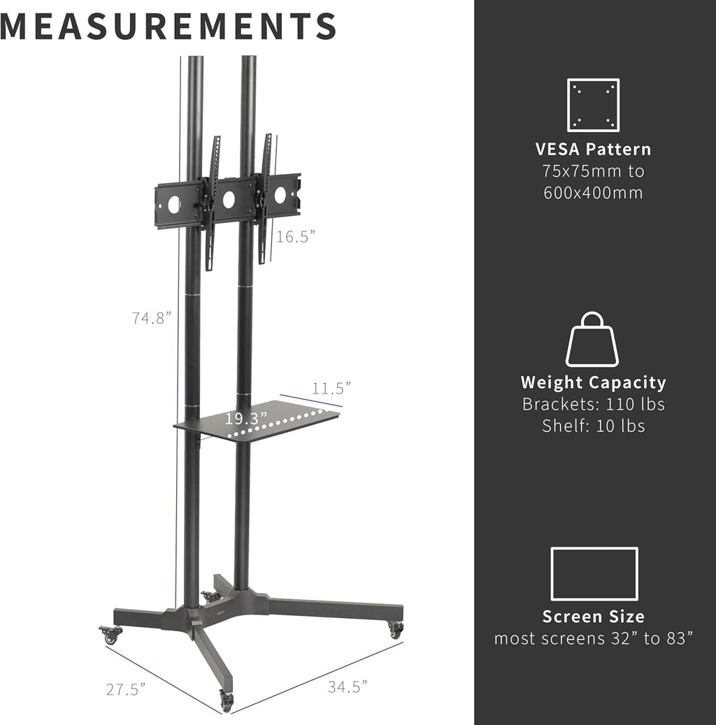 VIVO Tall TV Cart for 32 to 83 inch Screens up to 110 lbs, LCD LED OLED 4K Smart Flat and Curved Panels, Rolling Stand with Laptop DVD Shelf, Locking Wheels, Max VESA 600x400, Black, STAND-TV13E