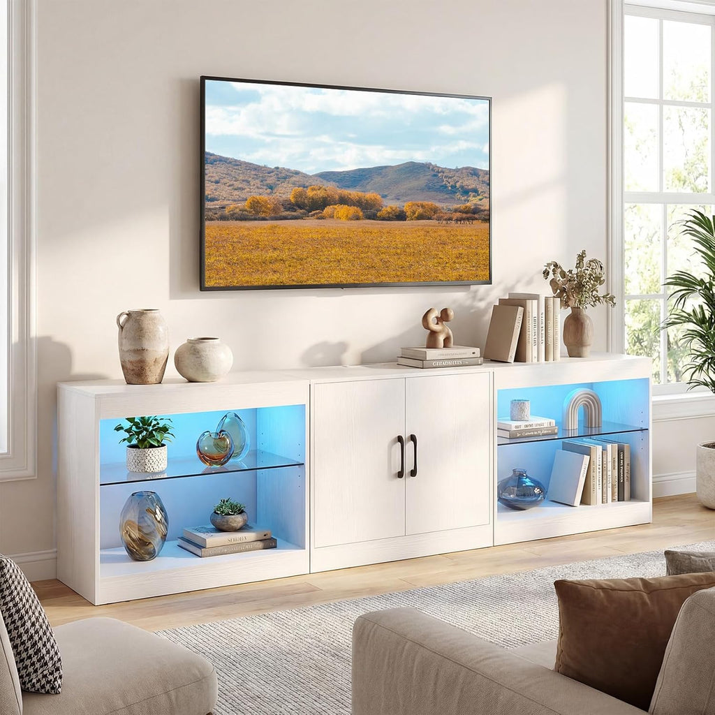 Giantex LED TV Stand for 85 Inch TV, Modern Entertainment Center with Power Outlets, Customizable LED Lights and Adjustable Glass Shelves, Media TV Console Table for Living Room, Bedroom (White)