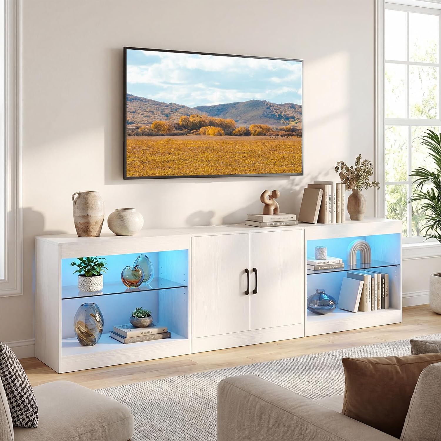 Giantex LED TV Stand for 85 Inch TV, Modern Entertainment Center with Power Outlets, Customizable LED Lights and Adjustable Glass Shelves, Media TV Console Table for Living Room, Bedroom (White)