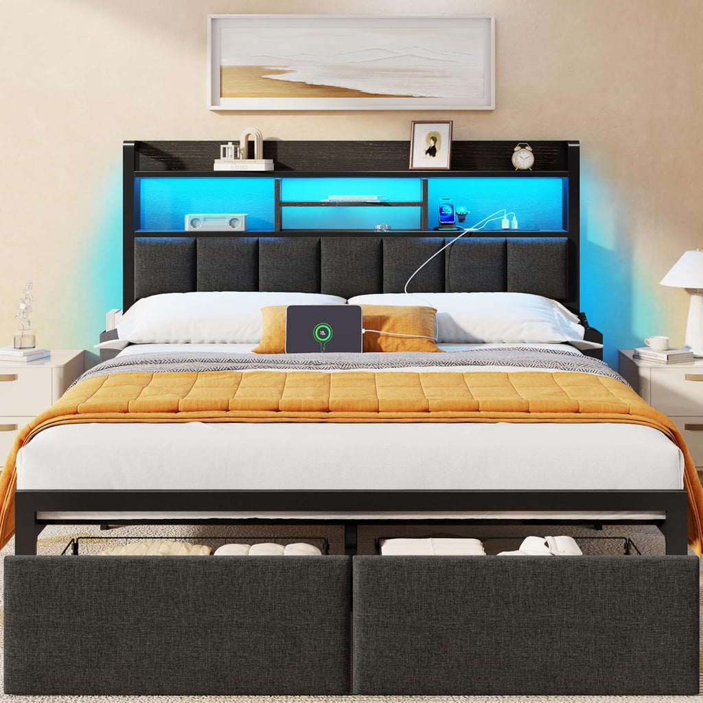 Furnulem Queen Bed Frame with Storage Drawers, Upholstered Headboard with LED Light & Charging Station, Metal Platform Bed Frame Queen Size, Noise Free, No Box Spring Needed, Black (1200 lbs Capacity)