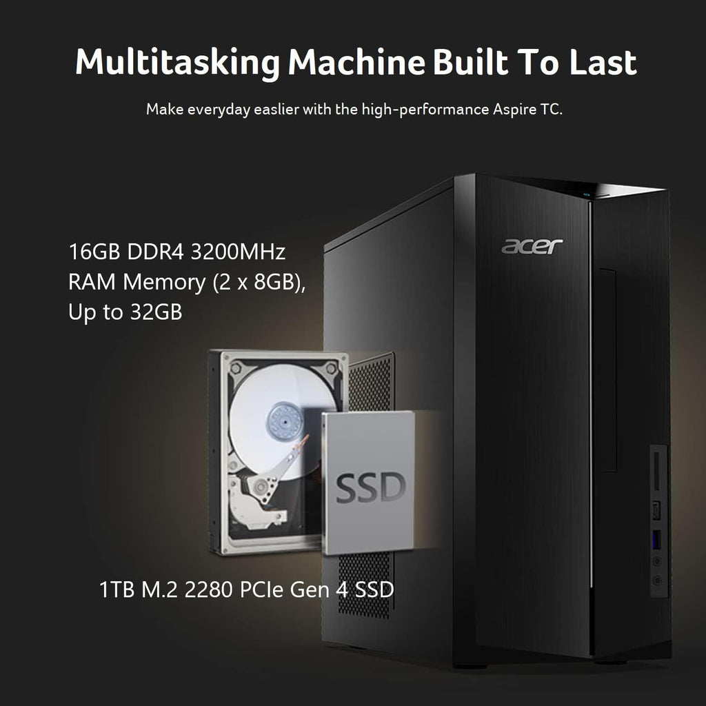 acer Aspire TC-1780-UA93 Desktop | 13th Gen Intel Core i5-13400 10-Core Processor | 16GB 3200MHz DDR4 | 1TB M.2 2280 PCIe Gen 4 SSD | SD Card Reader | Intel Wi-Fi 6E AX211 | Windows 11 Home