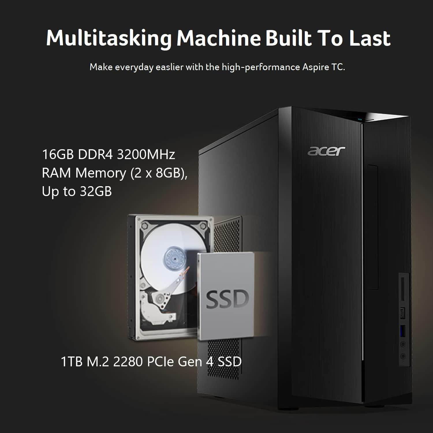 acer Aspire TC-1780-UA93 Desktop | 13th Gen Intel Core i5-13400 10-Core Processor | 16GB 3200MHz DDR4 | 1TB M.2 2280 PCIe Gen 4 SSD | SD Card Reader | Intel Wi-Fi 6E AX211 | Windows 11 Home