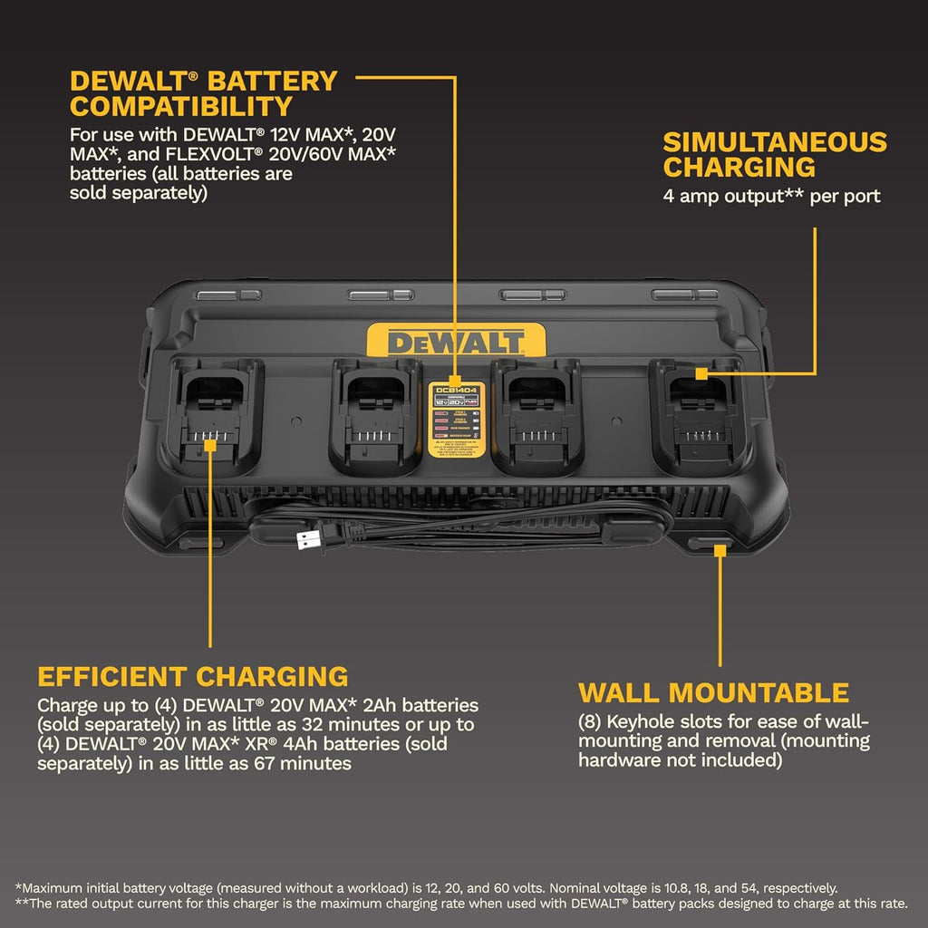 DEWALT Battery Charger 12V MAX, 20V MAX, FLEXVOLT 20V/60V MAX, 4 Amp, Fast Charger, Multiport Simultaneous Charging Station (DCB1404)