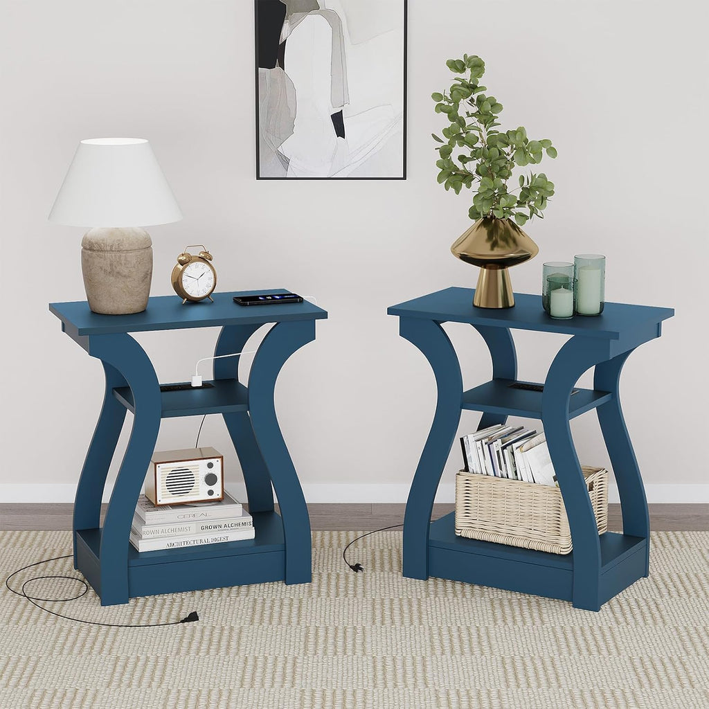 FROMJBEST End Table with Charging Station, Side Table with USB Ports and Outlets, Nightstand, 3 Tier End Table with Storage Shelf for Living Room, Bedroom, Navy Blue, Set of 2