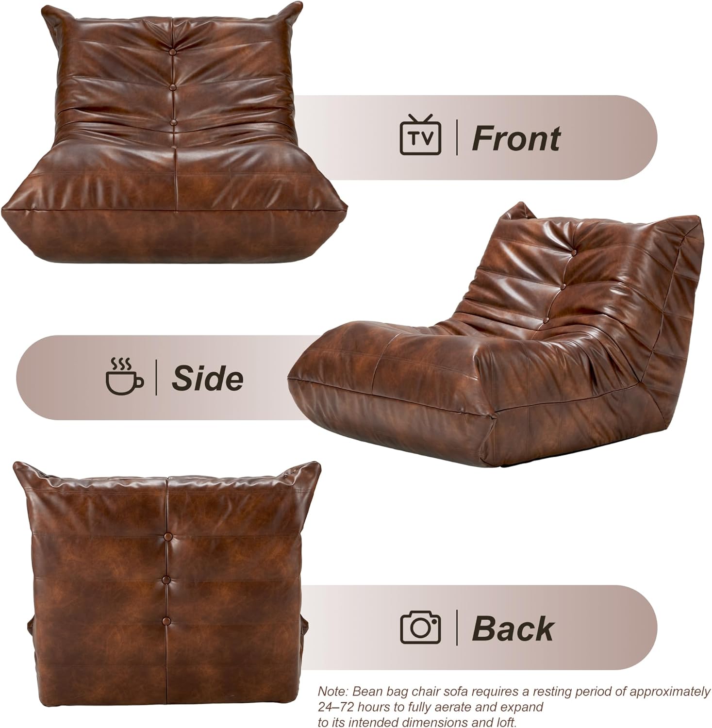 Hobestluk Giant Bean Bag Chair Lazy Floor Sofa, Memory Foam Fireside Sofa for Adults, Big Beanbag Faux Leather Armless Chair for Living Room Bedroom Dorm Office (Brown, Single)