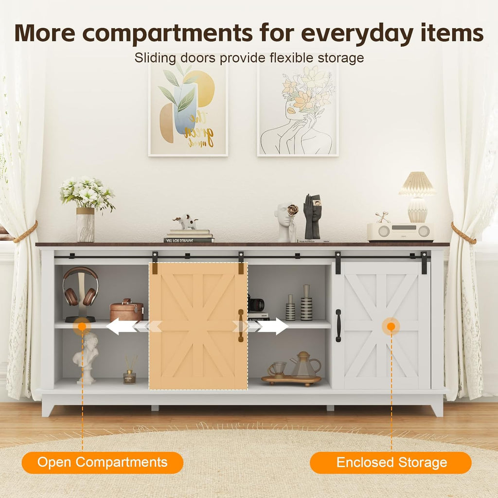Classic Farmhouse TV Stand Cabinet for 75" Television, Home Entertainment Center with Adjustable Shelf & Sliding Barn Doors, Media TV Console Table for Living Room, 15.8D x66W x28H, Farmhouse White