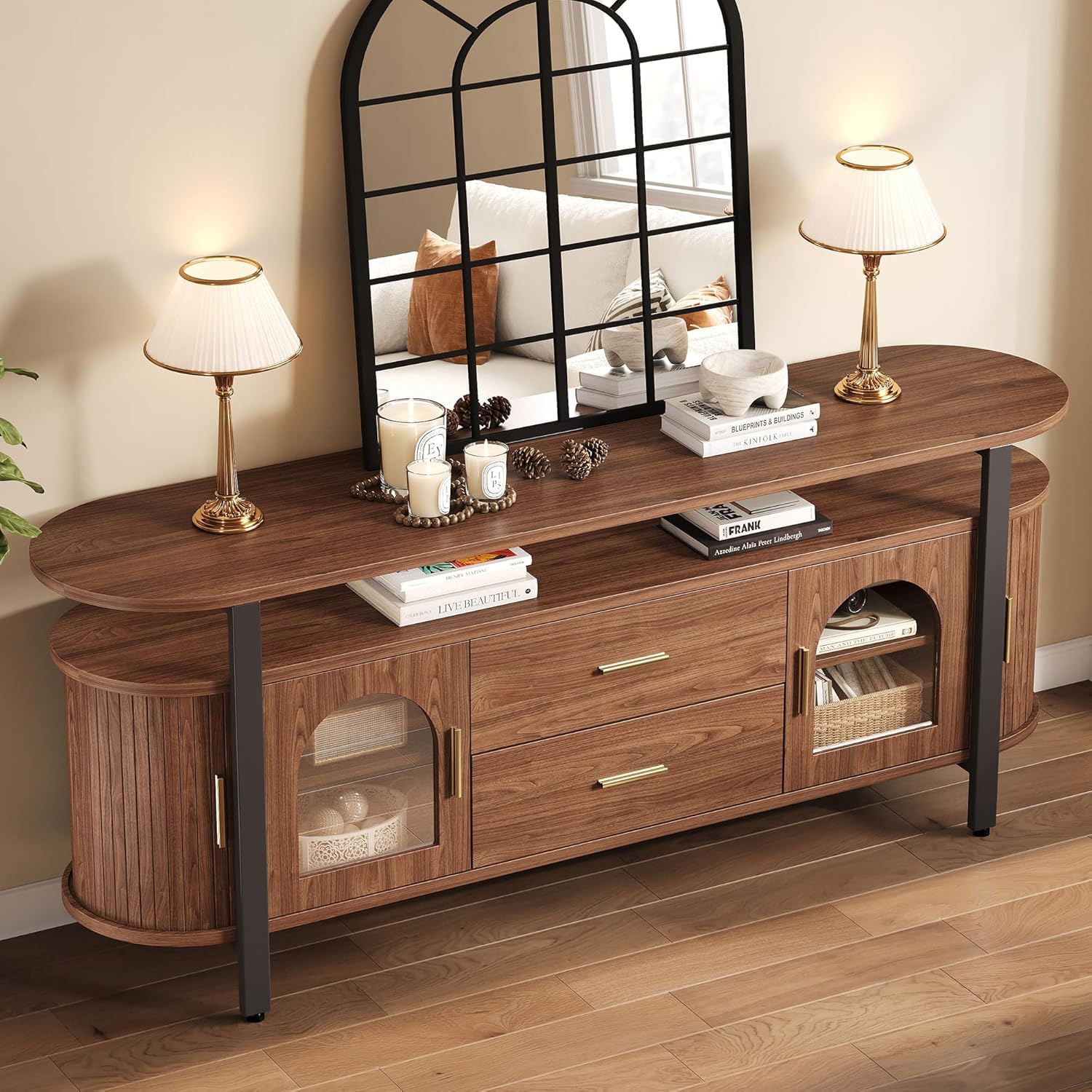 IRONCK Mid-Century TV Stand for TVs up to 70, Entertainment Center with Storage Drawer and Sliding Door, Walnut TV Console for Living Room, Bedroom