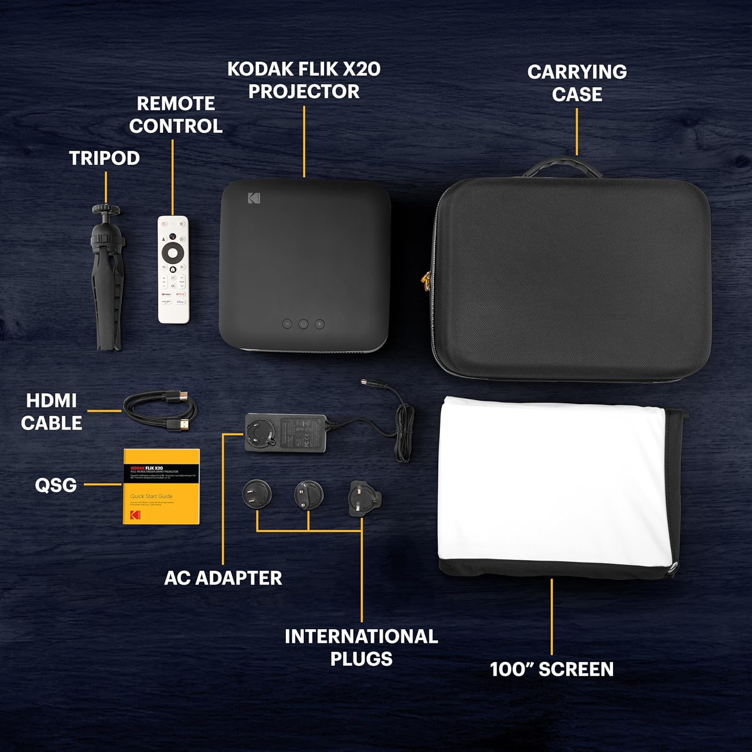 KODAK Flik X20 1080p Smart Projector - 1080p, 300 ANSI Lumens - Portable Projector with Wi-Fi, Bluetooth, ATV Dongle & Android TV 12 - Auto-Focus & Keystone Correction with 100" Screen & Tripod