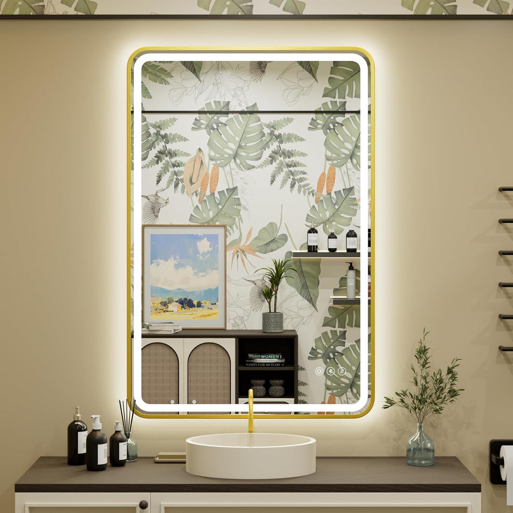 24x36 inch LED Bathroom Mirror with Bluetooth, Adjustable 3000K/4500K/6000K, Stepless Dimming, Anti-Fog, Gold Aluminum Frame Front & Backlit Lighted Wall Mounted Vanity Mirror