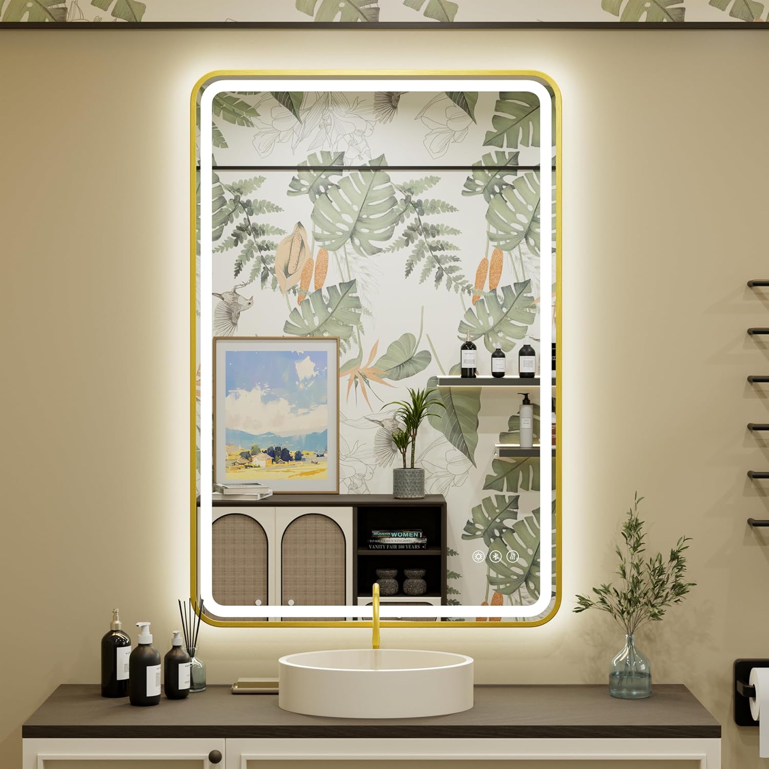 24x36 inch LED Bathroom Mirror with Bluetooth, Adjustable 3000K/4500K/6000K, Stepless Dimming, Anti-Fog, Gold Aluminum Frame Front & Backlit Lighted Wall Mounted Vanity Mirror