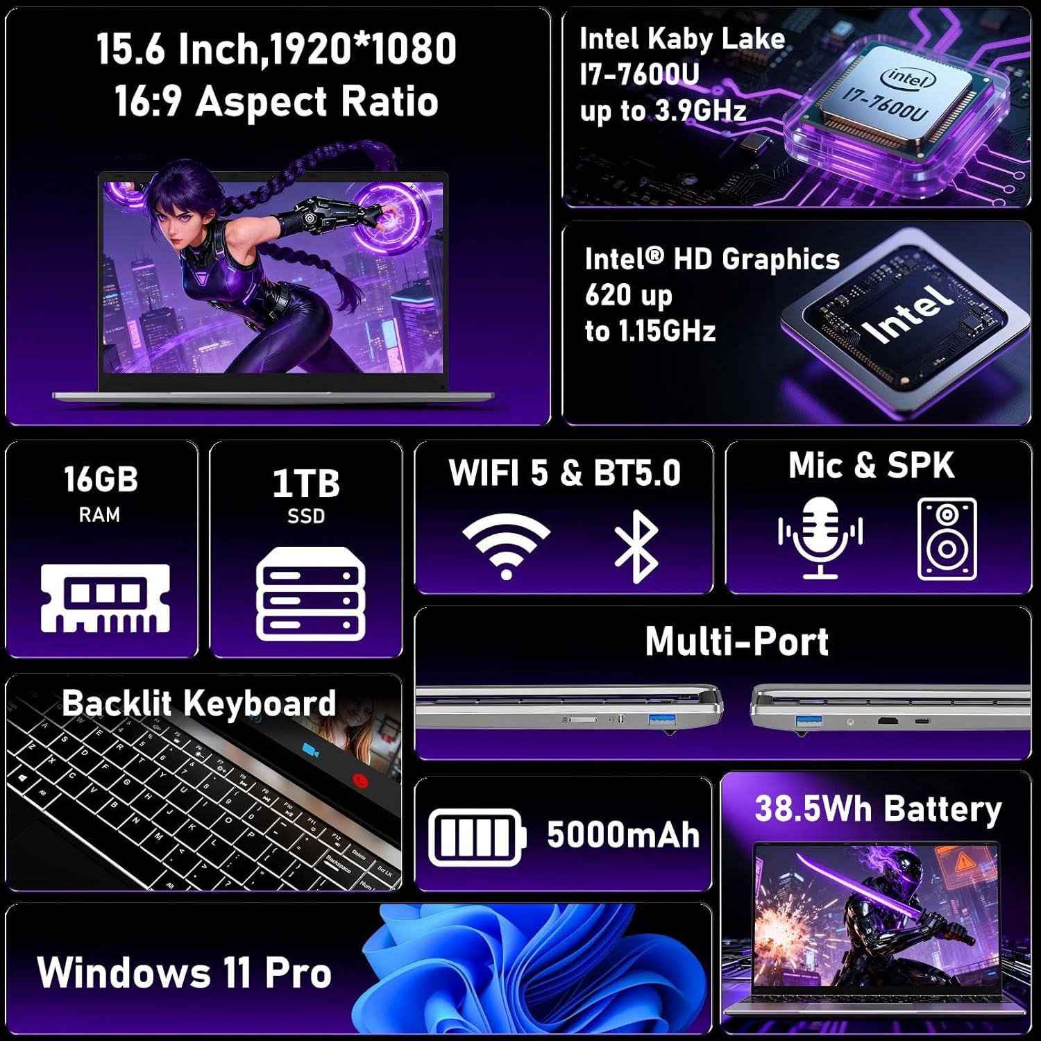 2026 Gaming Laptop,15.6" Windows 11 Pro Laptops Computer with Office 365,16GB RAM 1TB SSD,Intel core i7(Up to 3.9GHz),Backlit Keyboard,Mini HDMI,cam|Mic,Portable Thin for Gming College Student Work