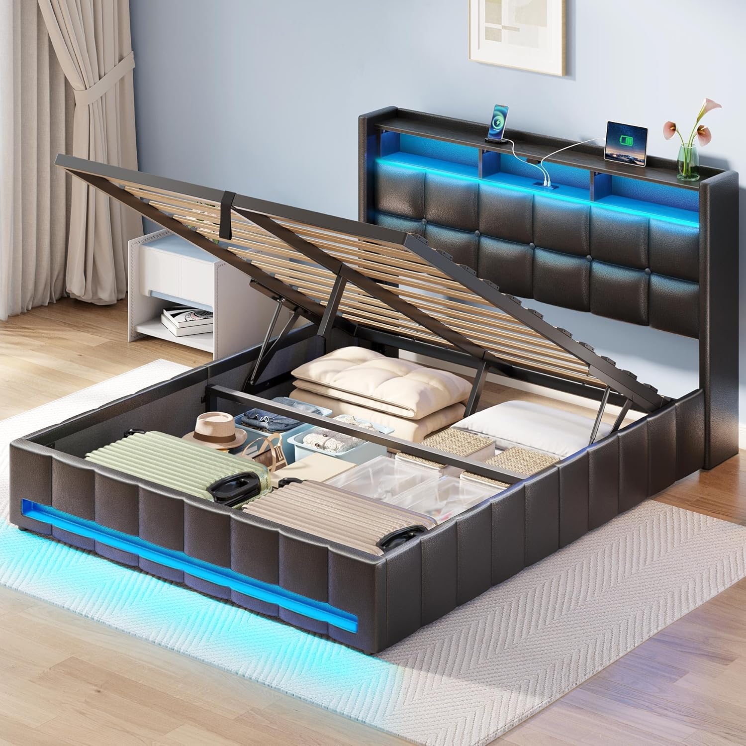 Rolanstar Full Lift Up Bed Frame with Storage, PU Leather Upholstered Headboard with Shelves, RGB LED Lights & Charging Station (USB-C), Wood Slats, Noise-Free, No Box Spring, Black
