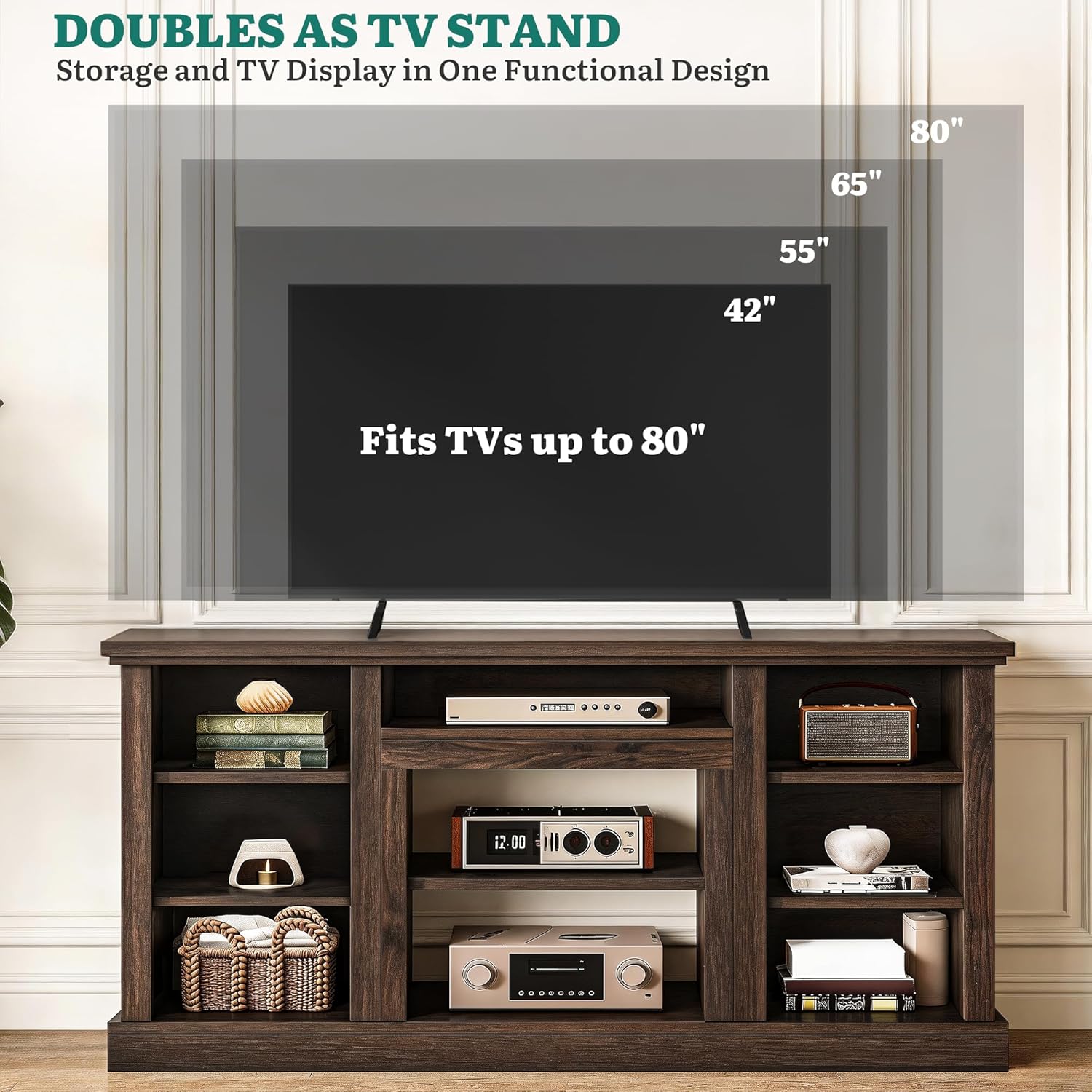 YITAHOME Farmhouse TV Stand for 75/80 Inch TVs, Entertainment Center with Adjustable Shelf & Open Storage, TV Console Table with Cord Management for Living Room, Bedroom (Walnut)
