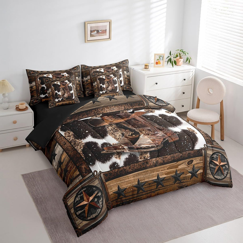 Feelyou Brown Western Aztec 7 Pieces Bedding Set King Size Cowboy Boots Hat Comforter Set with Sheets for Kids Boys Girls Decor West Texas Star Cow Fur Printed Rustic Bed in a Bag Soft Bedroom Decor