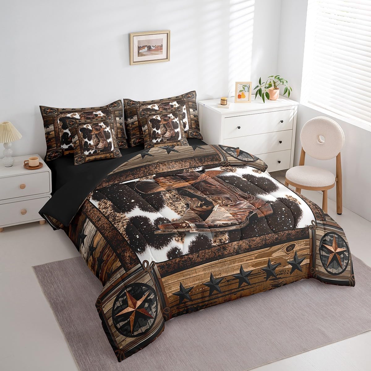 Feelyou Brown Western Aztec 7 Pieces Bedding Set King Size Cowboy Boots Hat Comforter Set with Sheets for Kids Boys Girls Decor West Texas Star Cow Fur Printed Rustic Bed in a Bag Soft Bedroom Decor