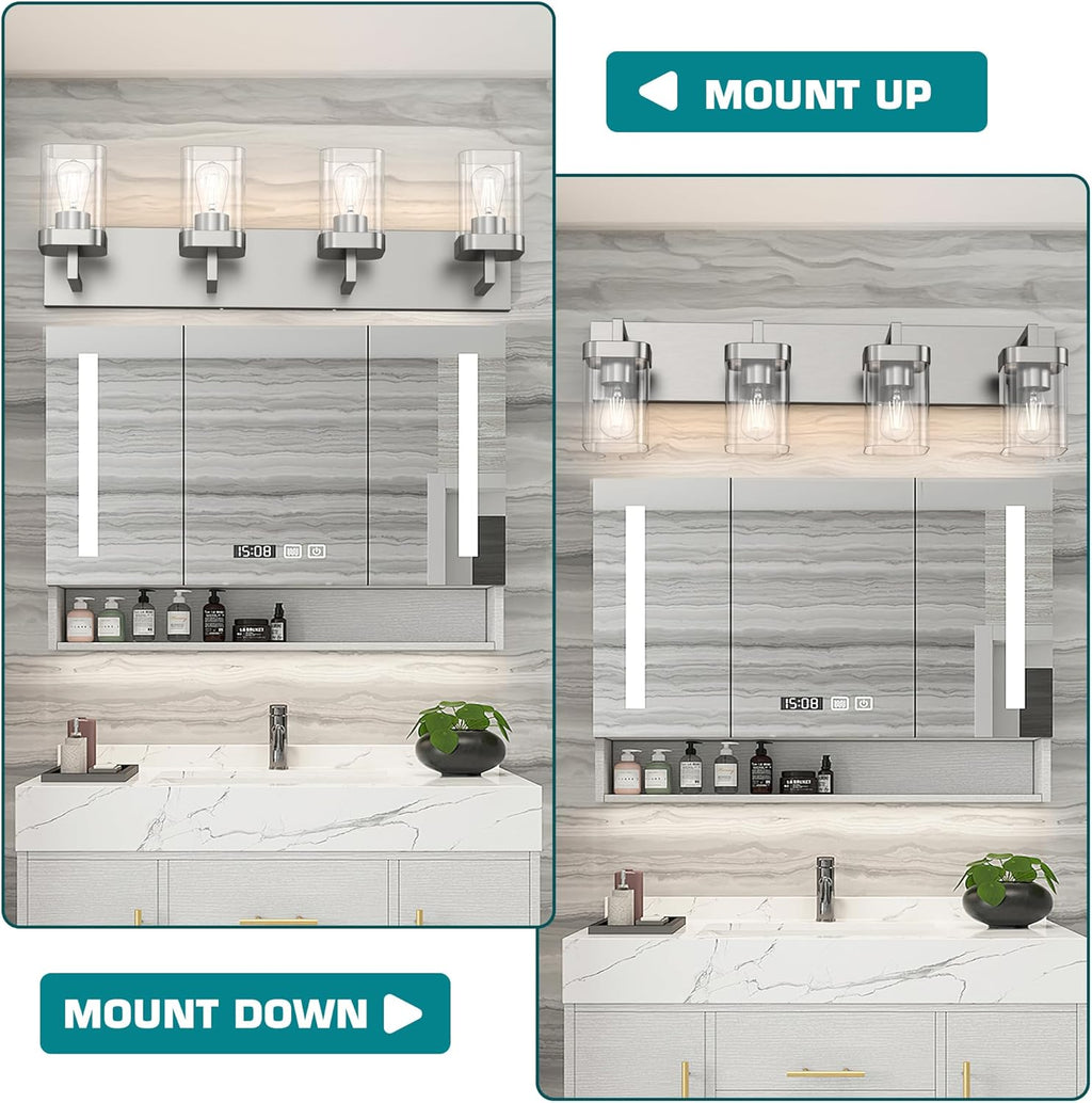 4-Light Bathroom Light Fixtures, Brushed Nickel Vanity Lights for Bathroom, Kitchen, Living Room, Modern Bathroom Vanity Lights with Clear Glass Shades